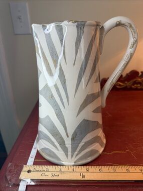 Vietri White and Gray Zebra-Print Ceramic Pitcher with Gold Accents